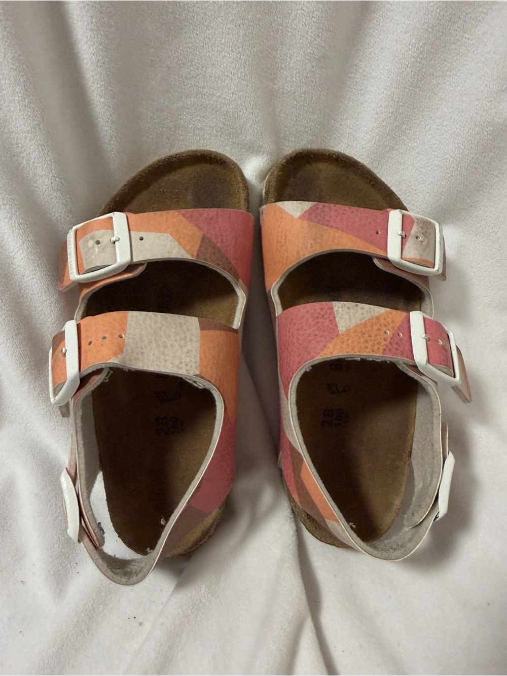 Birkenstock kids Milano Pink, orange, and white size 28